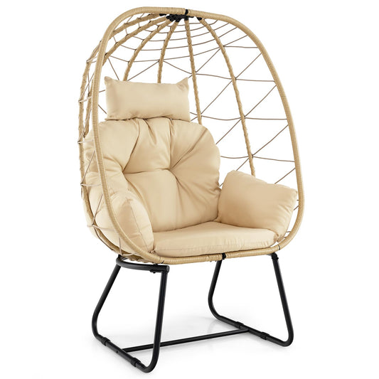 Oversized Standing Rattan Garden Egg Chair with Thick Cushions and Headrest