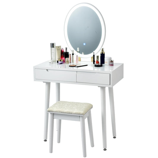 Dressing Table with 3-Color LED Lights Oval Mirror and Stool