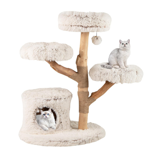 102 CM Tall Real Wood Branch Kitten Tower with Condo and 2 Flower Platforms