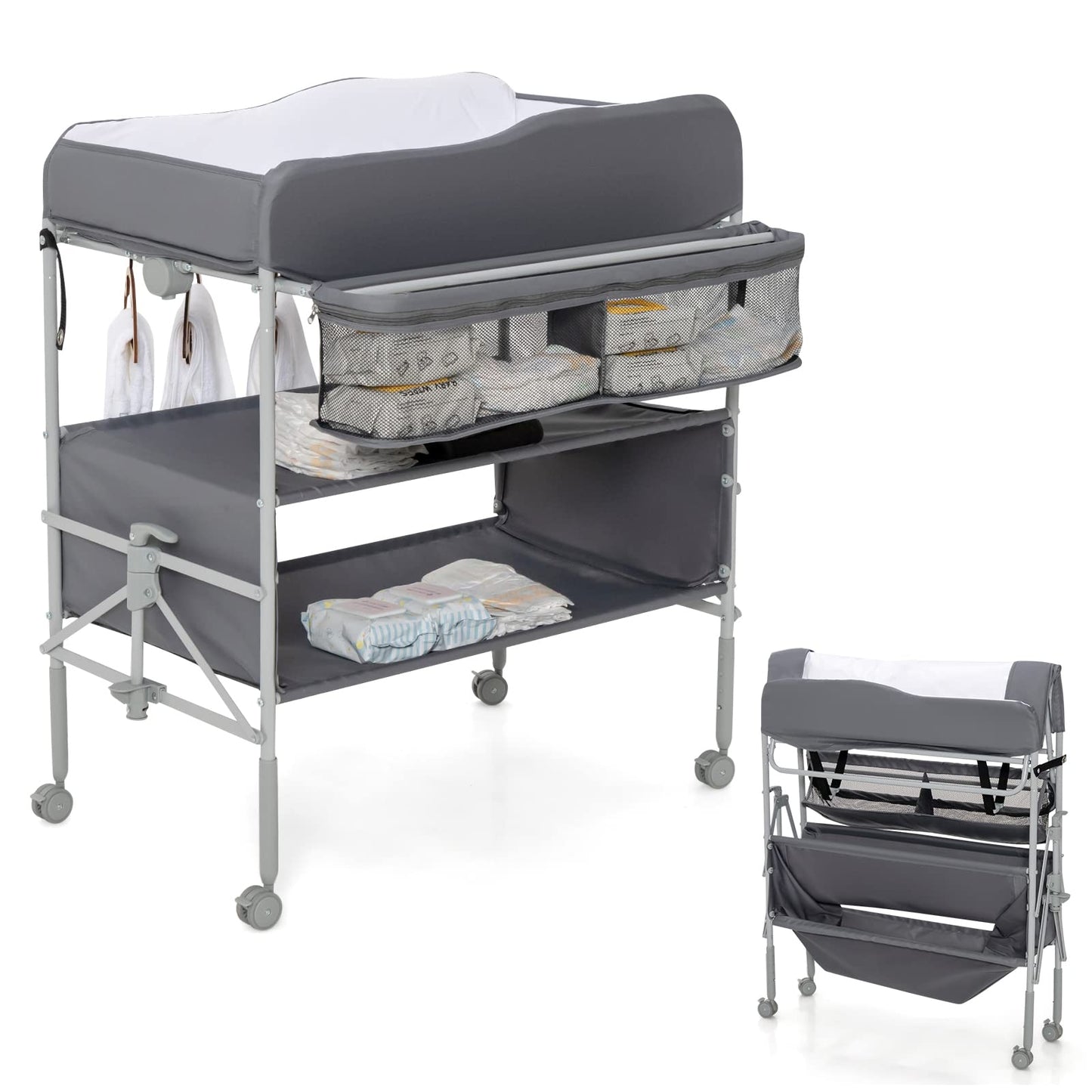 Baby Changing Table Folding Nursery Changing Station with 4 Lockable Wheels