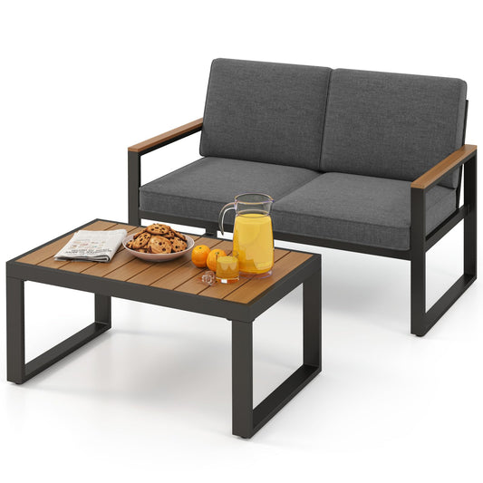 2-Seater Patio Aluminum Furniture Set with Coffee Table and Cushions