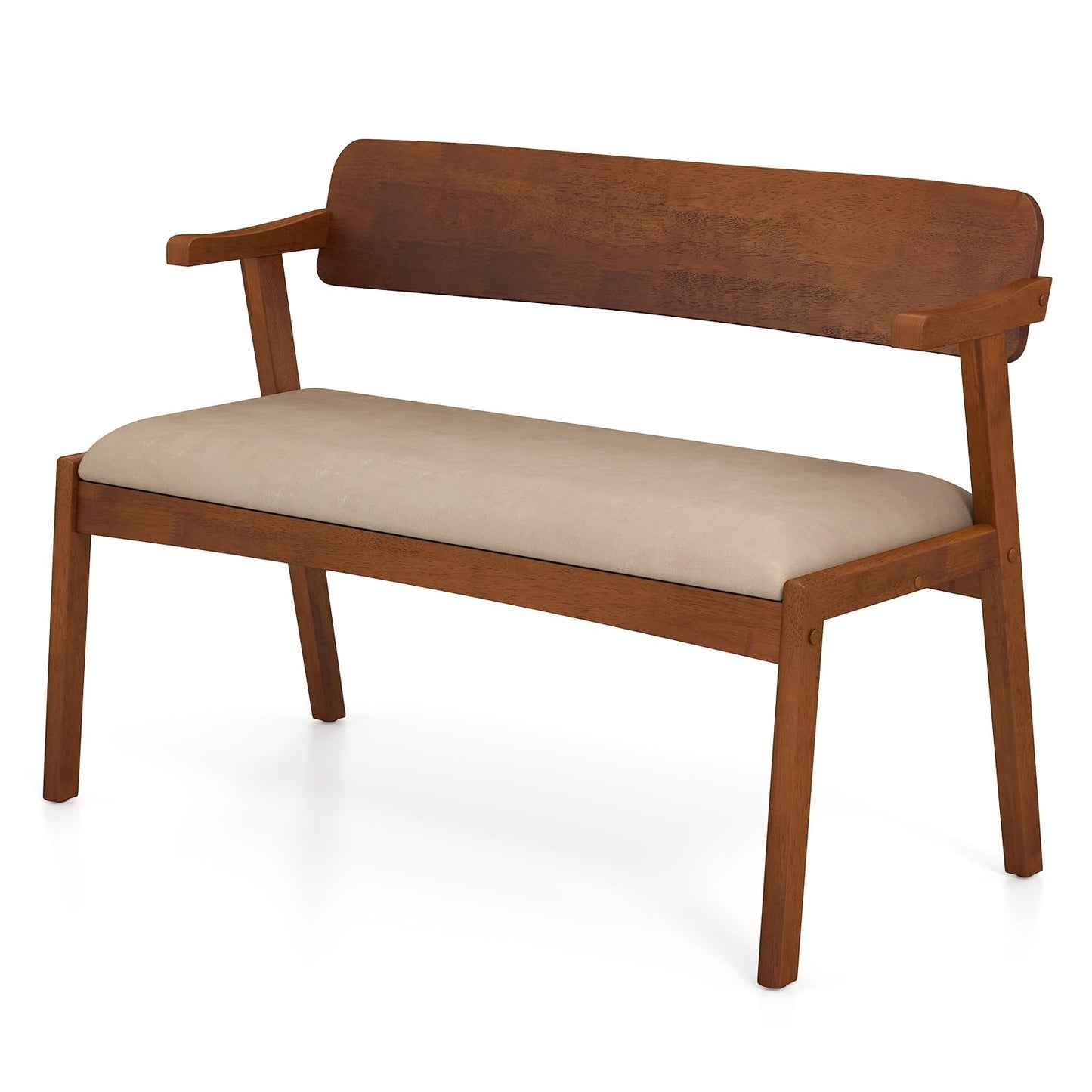 2 Seat Rubber Wood Bench with Padded Seat and Ergonomic Backrest