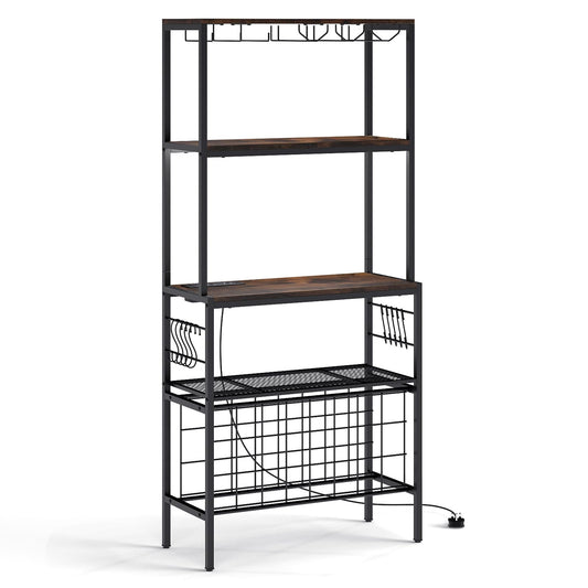 Wine Organizer with Power Outlet Multi-Tier Bakers Rack with Glass