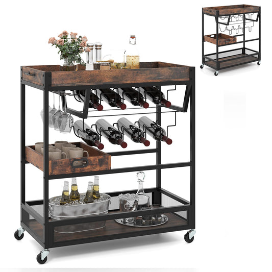 Kitchen Serving Cart with Removable Tray and Wine Rack