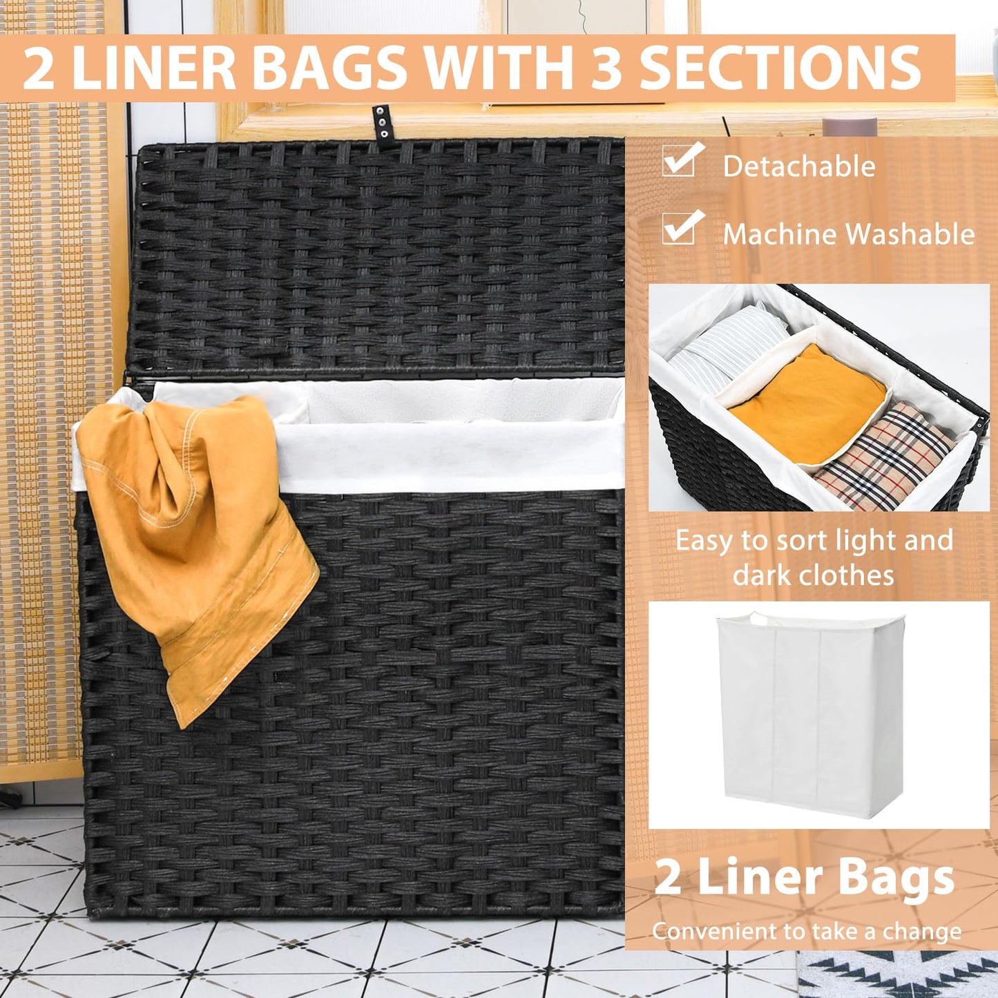 Laundry Hamper with Lid and Wheels and 2 Removable and Washable Liner Bags