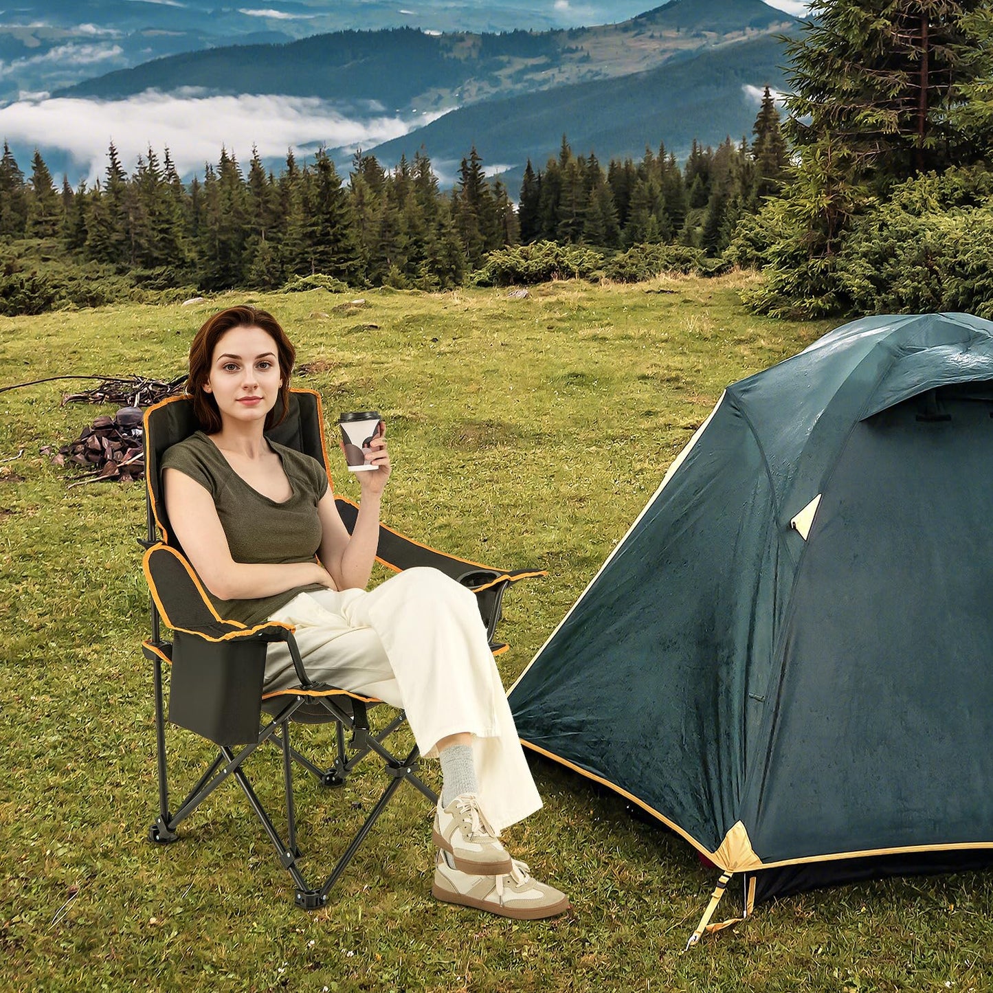 Portable Reclining Camp Chair with Detachable Footrest