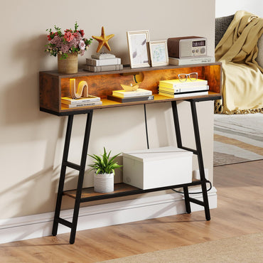 Console Table with LED Lights and Charging Station, 3-Tier Narrow Entryway Table with Storage Shelves