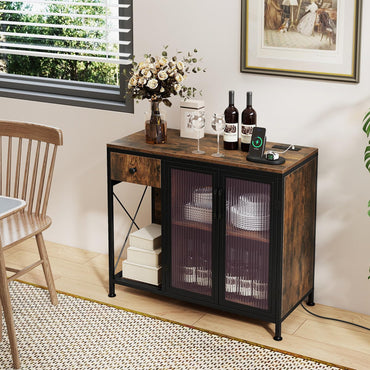 Buffet Sideboard with Power Outlets & RGB LED Lights, Wooden Storage Cabinet