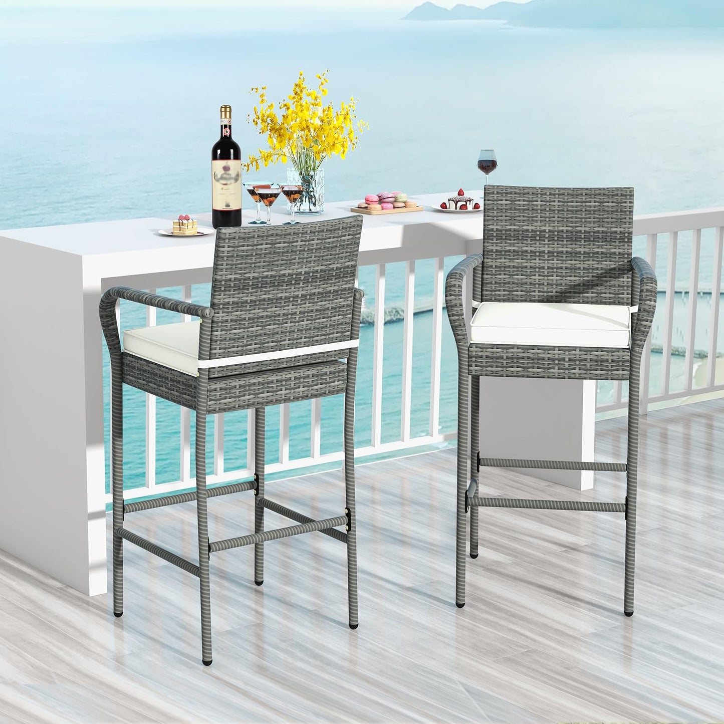 All Weather Outdoor Wicker Bar Stools Set with Soft Seat Cushions