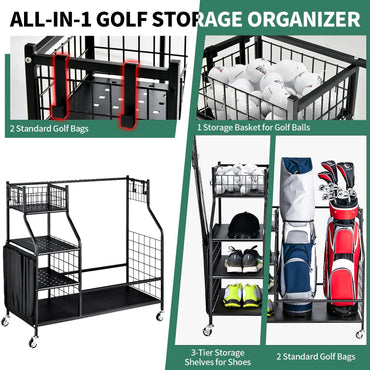 Double Golf Bag Storage Rack for Garage with Lockable Universal Wheels