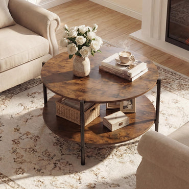 2-Tier Industrial Round Coffee Table with Open Storage Shelf