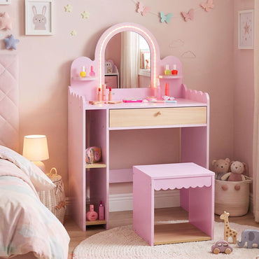 Kids Vanity with Lights and Storage Drawer with Chair for Ages 3+
