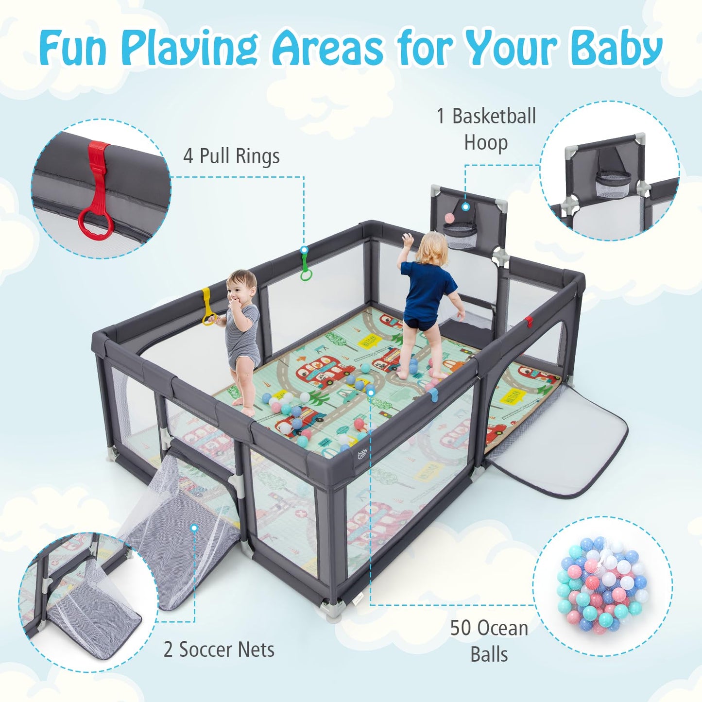 Toddler Mesh Play Pen with Mat, Pull Rings, Basketball Hoop