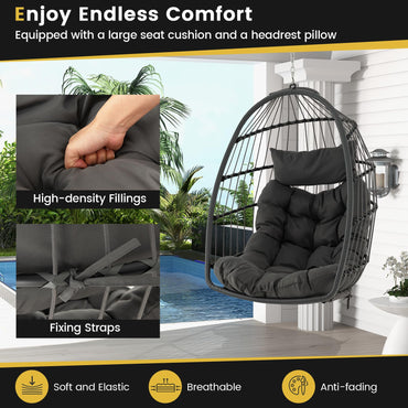 Foldable Rattan Hanging Chair with Soft Cushion and Head Pillow