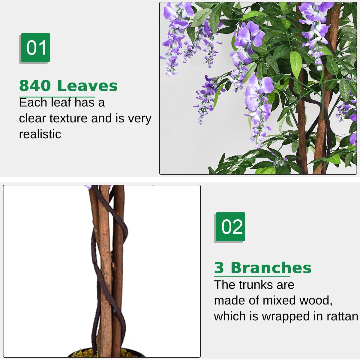 150CM Ficus Artificial Tree Fake Wisteria Tree with 3 Natural Trunks