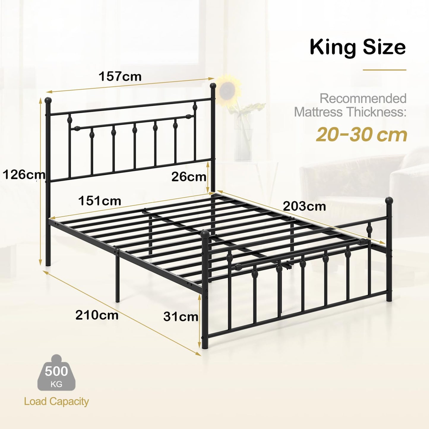 Single/Double/King Size Metal Bed Frame with Headboard