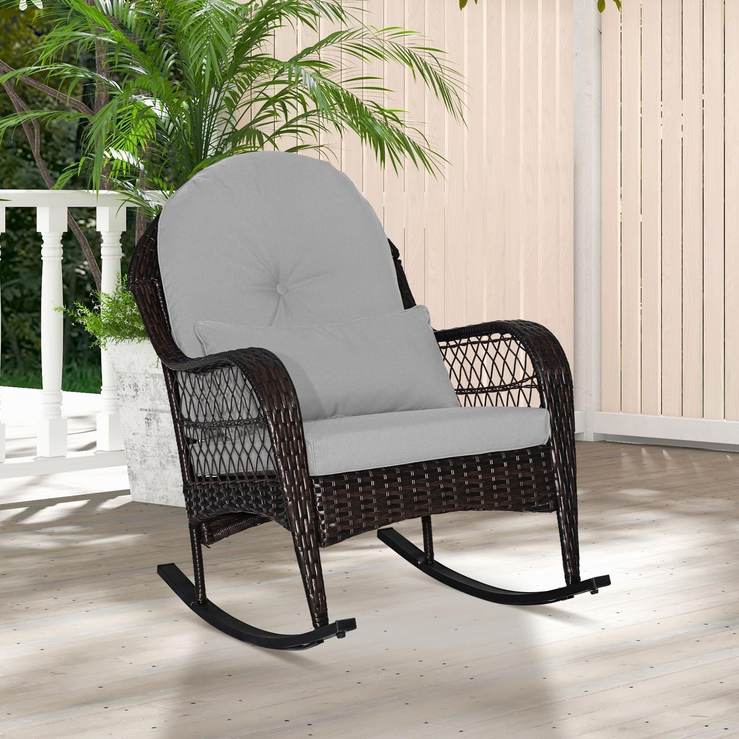 Wicker Rocking Armchair Relax Rocker Lounge Chair with Lumbar Pillow & Cushion