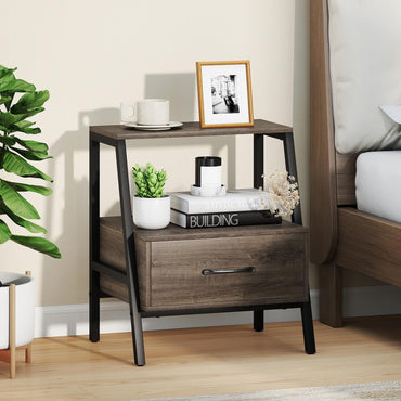 Farmhouse Nightstand End Sofa Side Table with Drawer and Storage Shelf