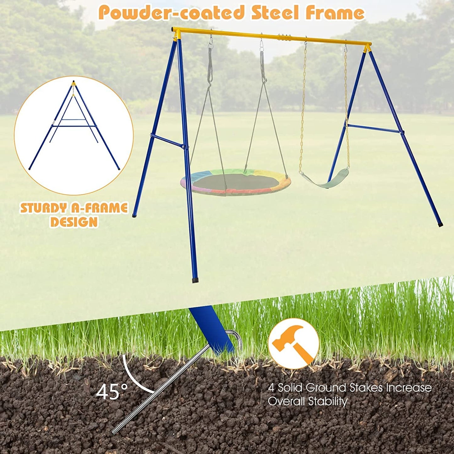 A-Frame Metal Swings Stand with Belt Swing and Nest Swing