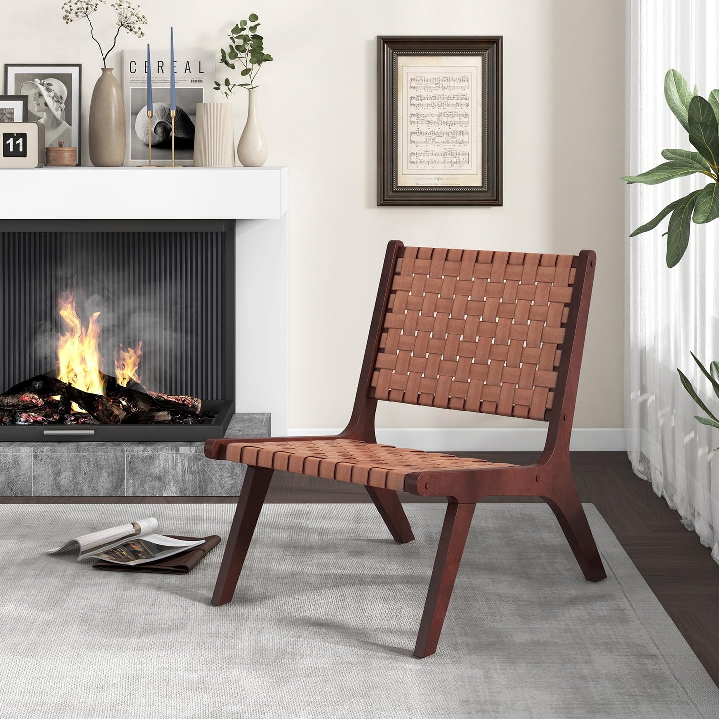 Set of 2 Woven Leather Accent Chairs with Wood Frame
