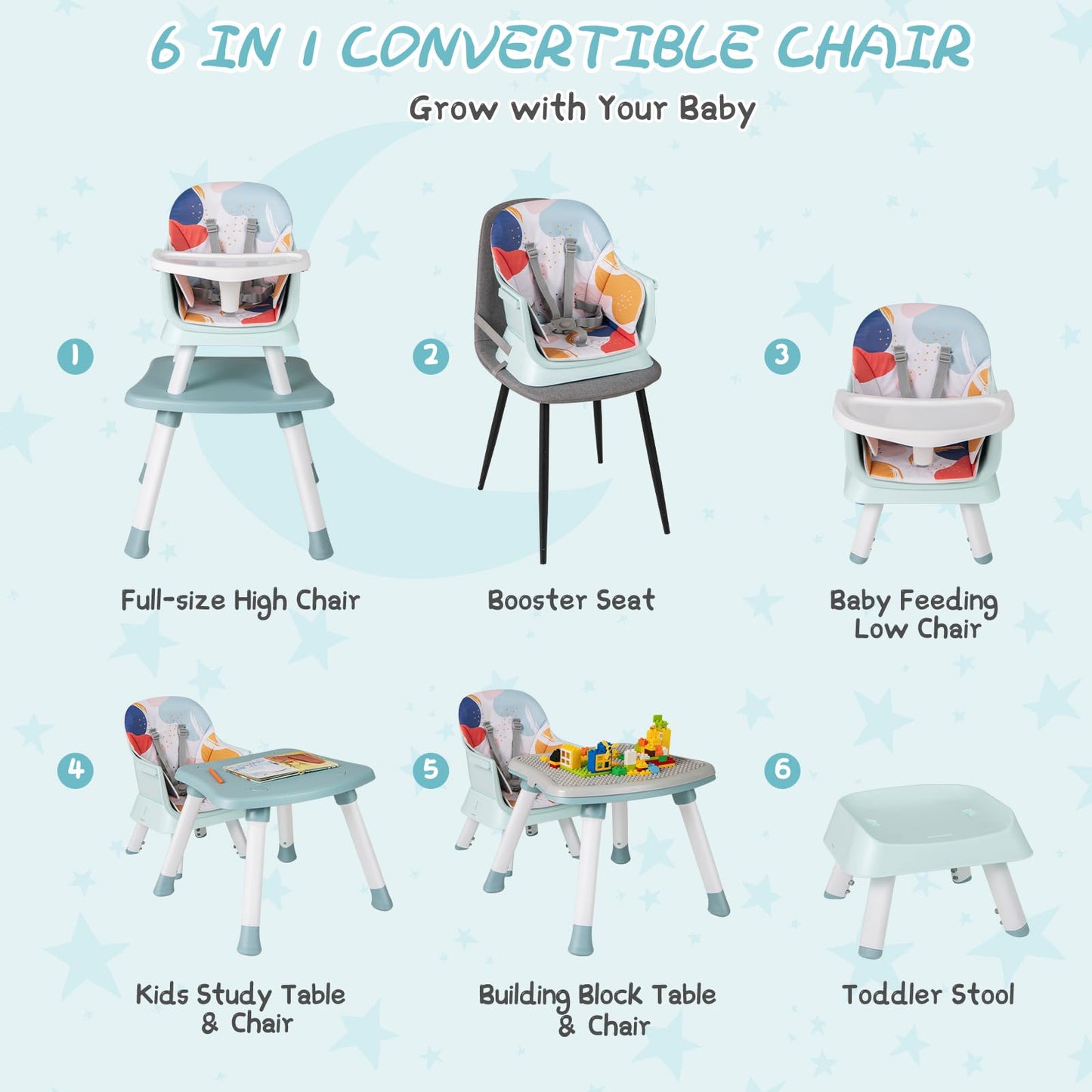 6 in 1 Convertible High Chairs for Babies and Toddlers