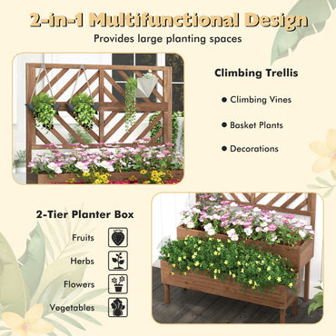 2-Tier Wooden Raised Garden Bed with Trellis and Drainage Holes