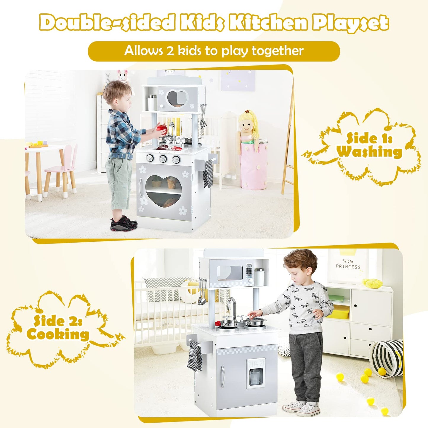 Double-Sided Kid's Play Kitchen Set with Stove and Sink