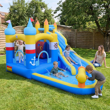 Inflatable Water Park, Kids Bouncy Castle with Slide, Splash Pool, Water Cannon, Climbing Wall
