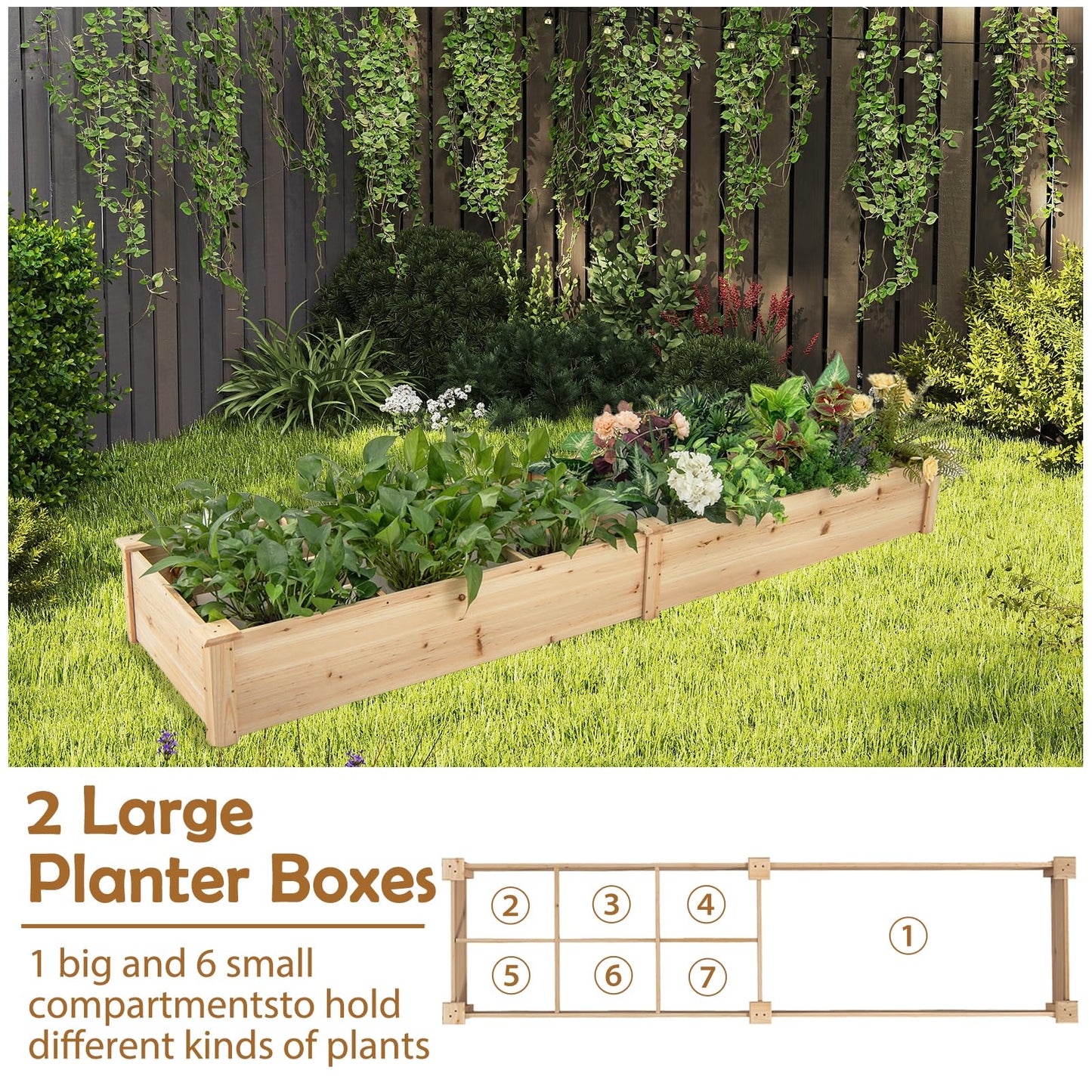 Wooden Raised Garden Bed with 2 Planter Boxes and Dividers