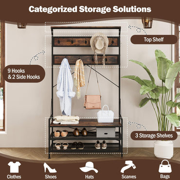 4 In 1 Coat Rack with 11 Hanging Hooks and Shoe Bench for Mudroom