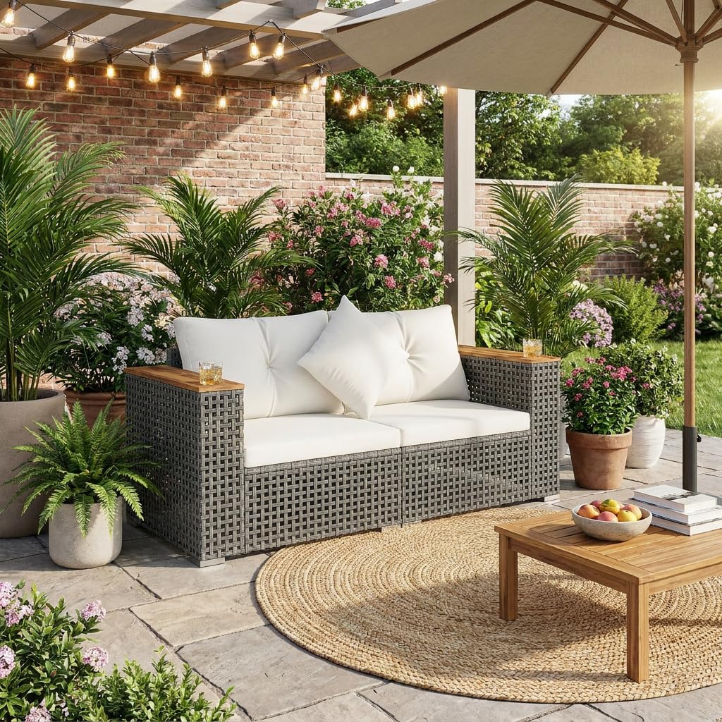 2 Seater Rattan Sofa Set, Outdoor Wicker Garden Furniture with Thick Padded Cushions