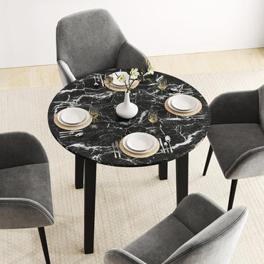 Round Dining Table with Rubber Wood Legs and Marble-textured Veneer Tabletop