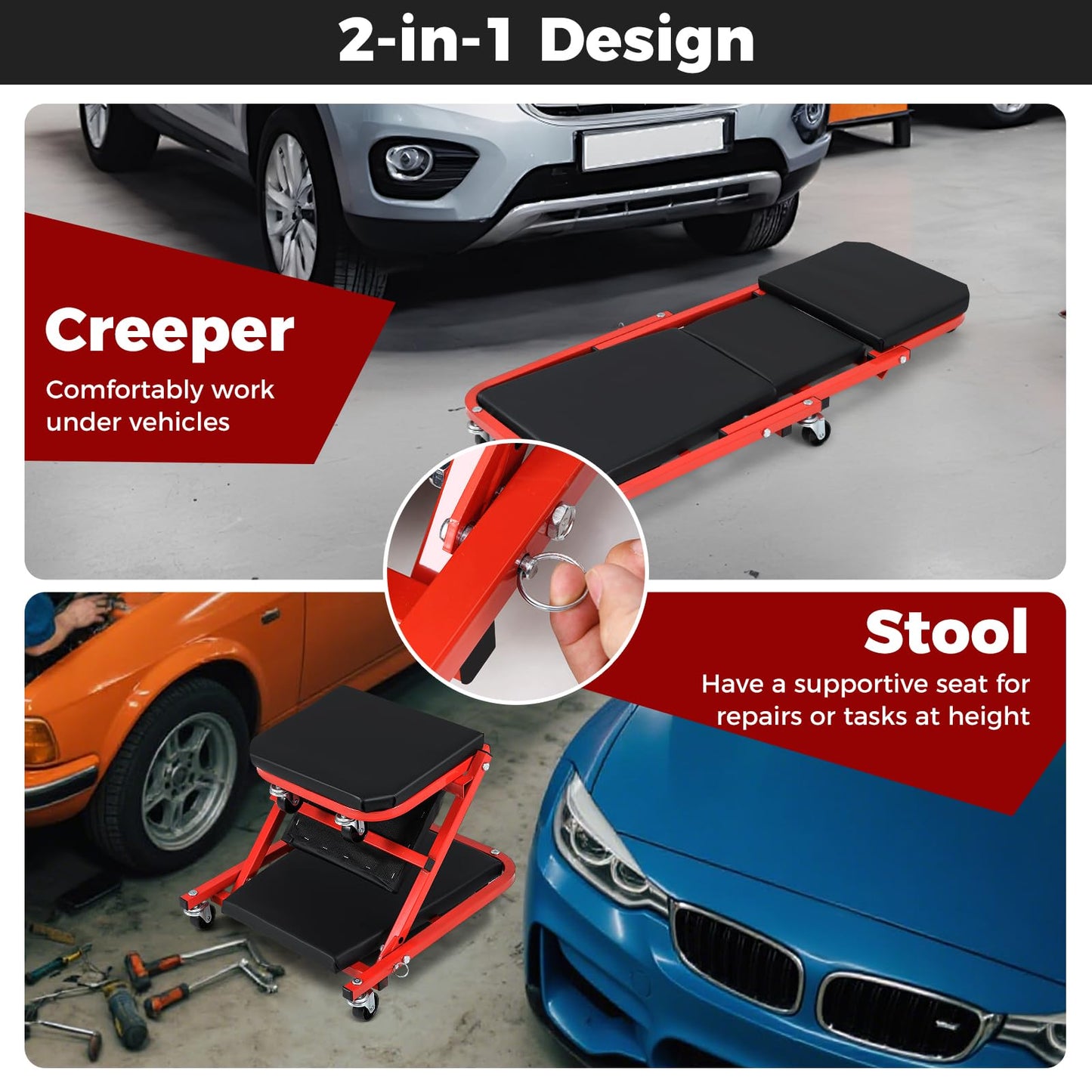 2-in-1 Rolling Creeper Seat Folding Creeper with 6 Universal Wheels