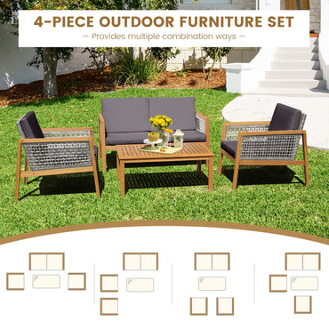 Acacia Wood Rattan Patio Conversation Set with Loveseat