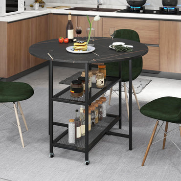Round Drop Leaf Table with 2 Mesh Shelves & 2 Lockable Wheels