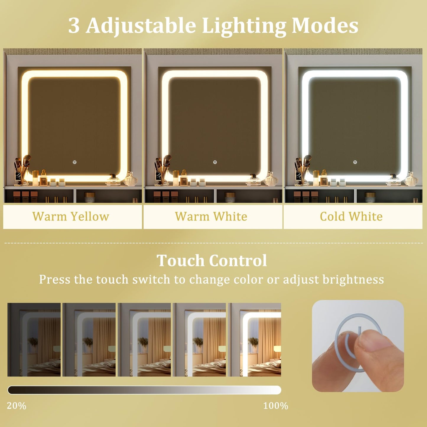 Dressing Table and Chair Set with 3 Lighting Modes and Adjustable Brightness