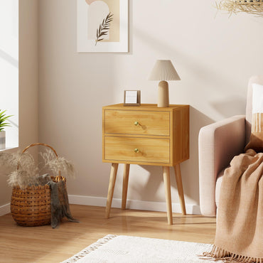 2-Drawer Nightstand with Solid Wood Legs for Bedroom