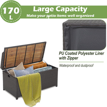 170L Waterproof PE Rattan Outdoor Storage Box with Acacia Wood Sit-on Lid