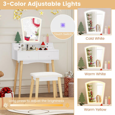 Dressing Table and Chair Set with 3 Lighting Modes and Natural Pine Wood Legs