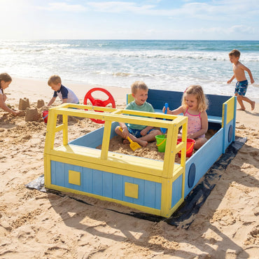 Kids Wooden Sandbox Large Car-Theme Sand Box with Bottom Liner Frame