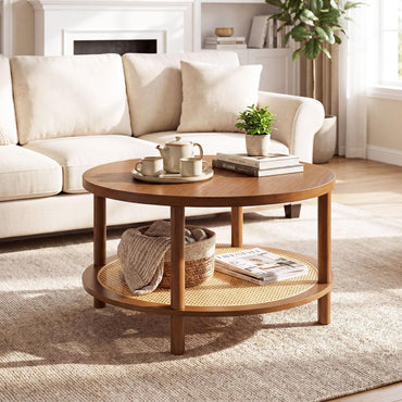 2-Tier Round Coffee Table with Rattan Storage Shelf, Rubber Wood