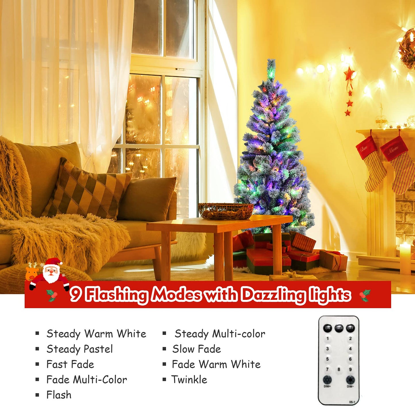 5ft/6ft Pre-lit Artificial Christmas Tree, Hinged Snow Flocked Xmas Tree with 140/200 LED Lights