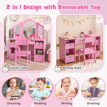 Kids Vanity Set with Tri-Folding Detachable Mirror and 4 Storage Bins