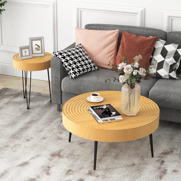 Solid Wood Center Nesting Tables Set of 2 with Water-ripple Tabletop