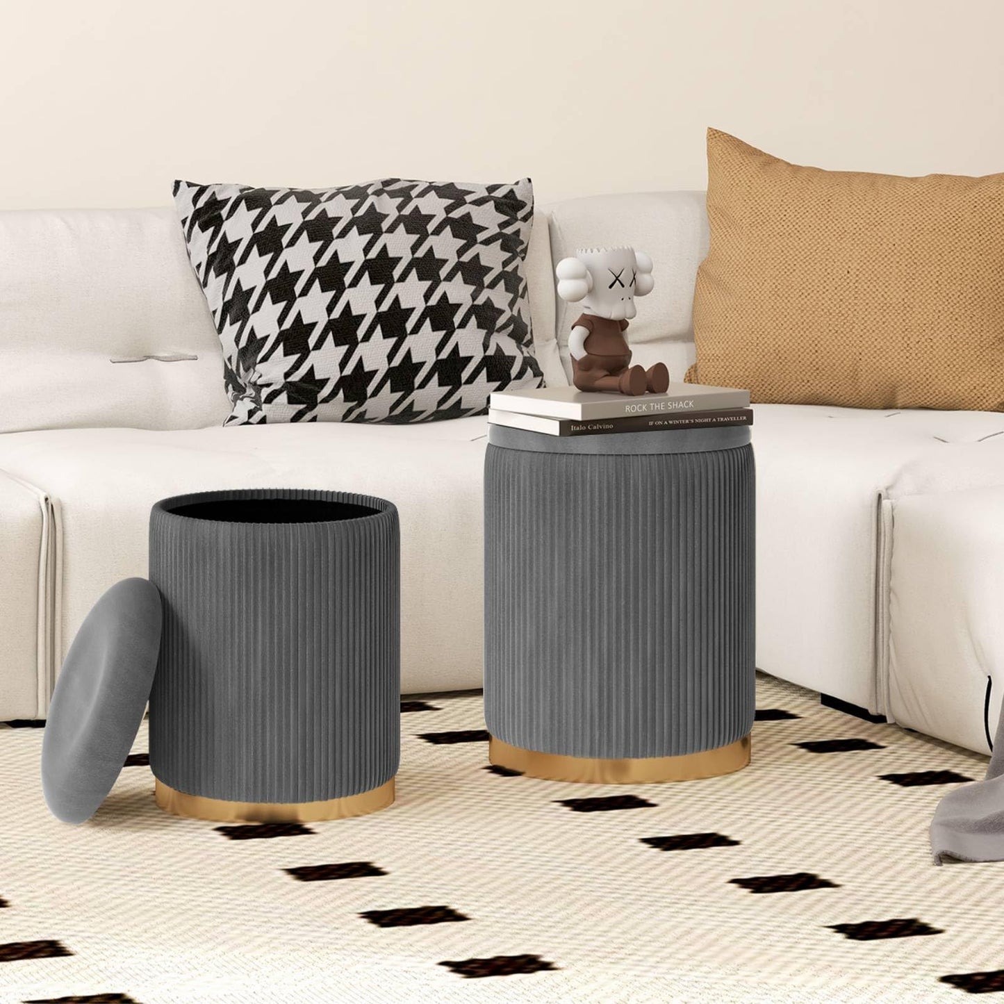 Velvet Storage Ottoman Set of 2 with Gold Stainless Steel Hoop