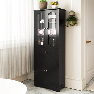 160cm Freestanding Linen Tall Bathroom Storage Cabinet with 2 Glass Doors