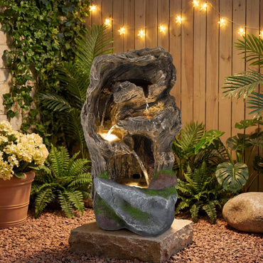4-Tier Outdoor Water Fountain, Cascading Waterfall Fountain with 3 LED Lights