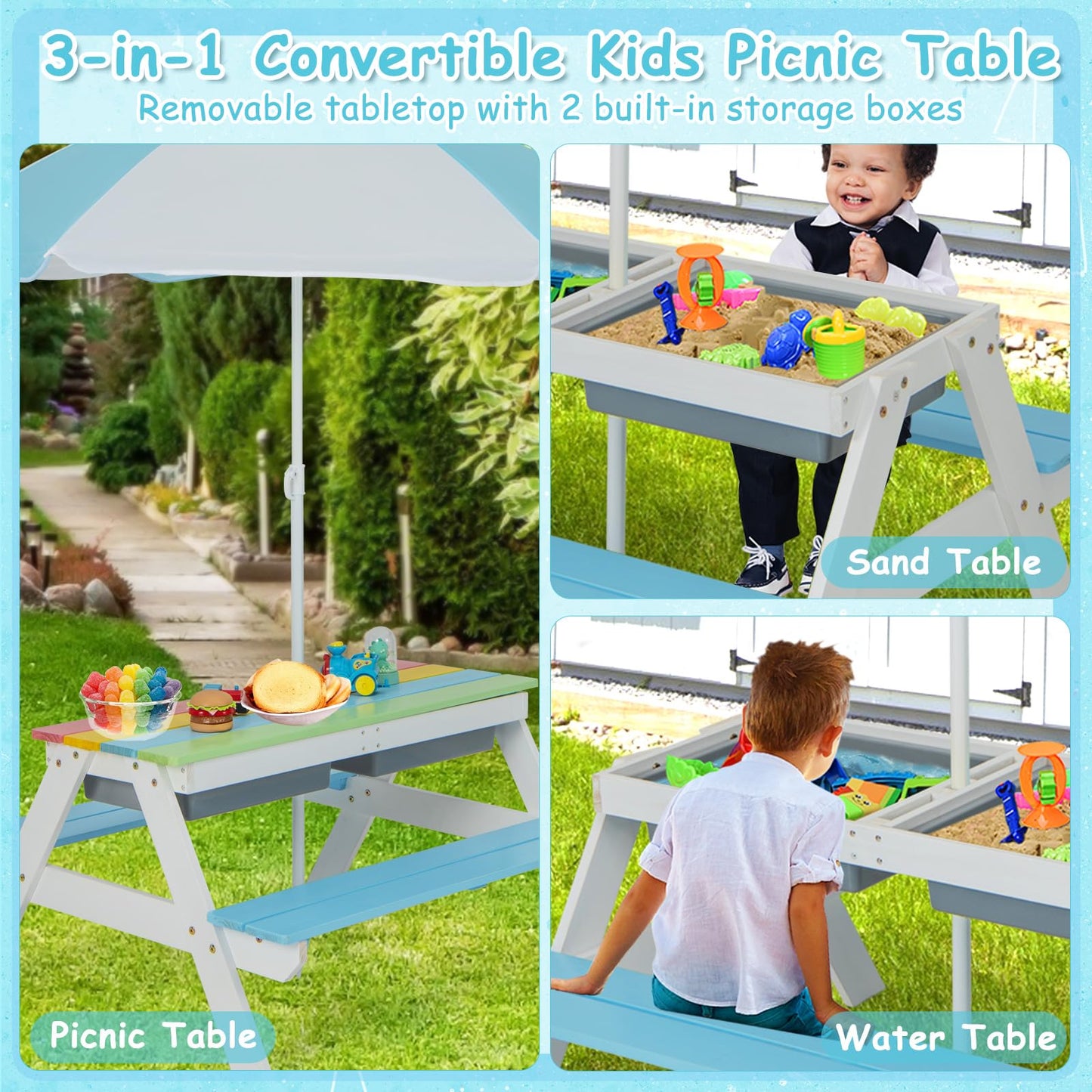 3 in 1 Wooden Sand & Water Play Table and Bench Set