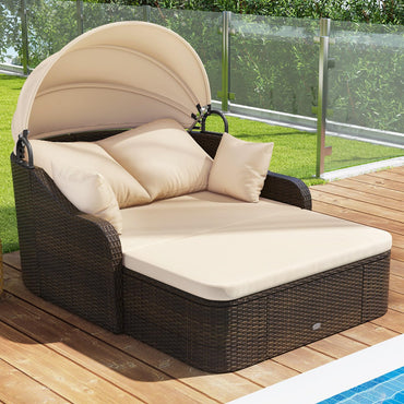 PE Rattan Daybed with Retractable Canopy and Soft Cushions for Backyard