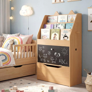 Wooden Kids Bookshelf with Movable Drawer & Chalkboard for Playroom Nursery